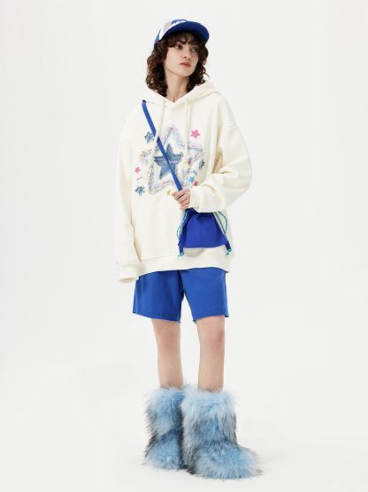 Aelfric Eden Denim Star Applique Embroidery Hoodie-IYAMIUIO