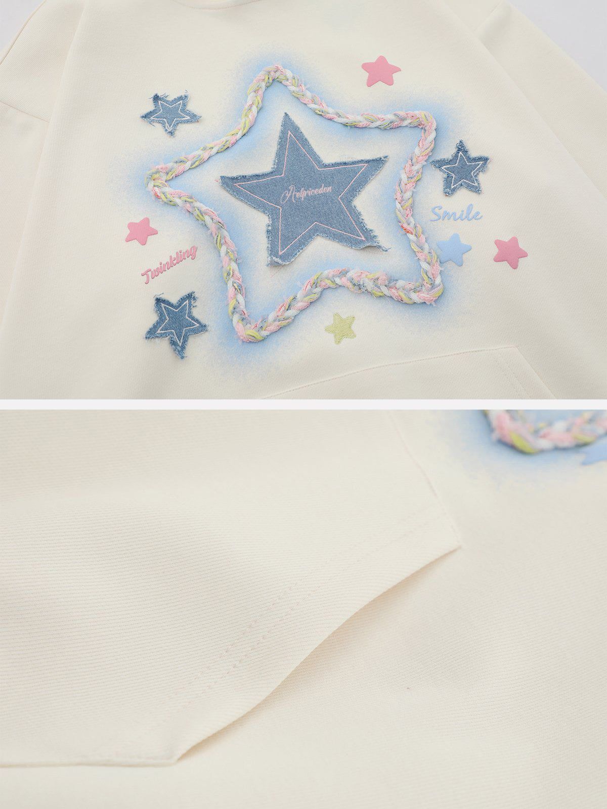 Aelfric Eden Denim Star Applique Embroidery Hoodie-IYAMIUIO
