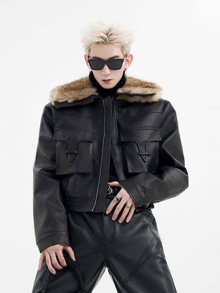 【24s January.】Ultra Short Pocket Leather Biker Fur Collar Jacket-IYAMIUIO