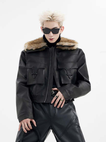 【24s January.】Ultra Short Pocket Leather Biker Fur Collar Jacket-IYAMIUIO