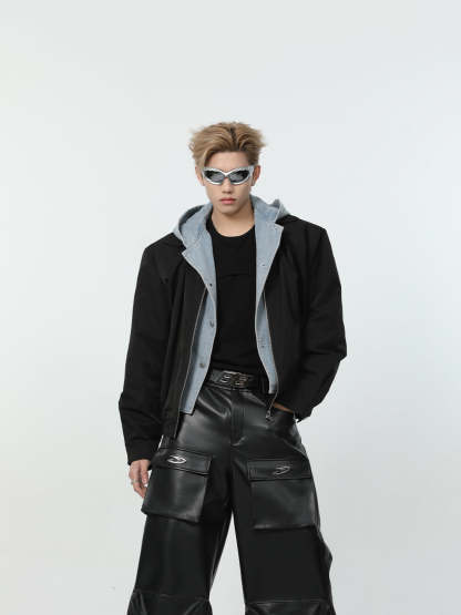 【24s March.】Denim Patchwork Fake Two Piece Hooded Jacket-IYAMIUIO