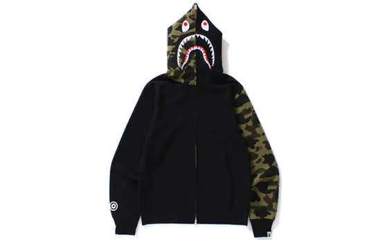 A Bathing Ape Shark Camo Sleeve Full Zip Hoodie 'Black' 1D20-115-607