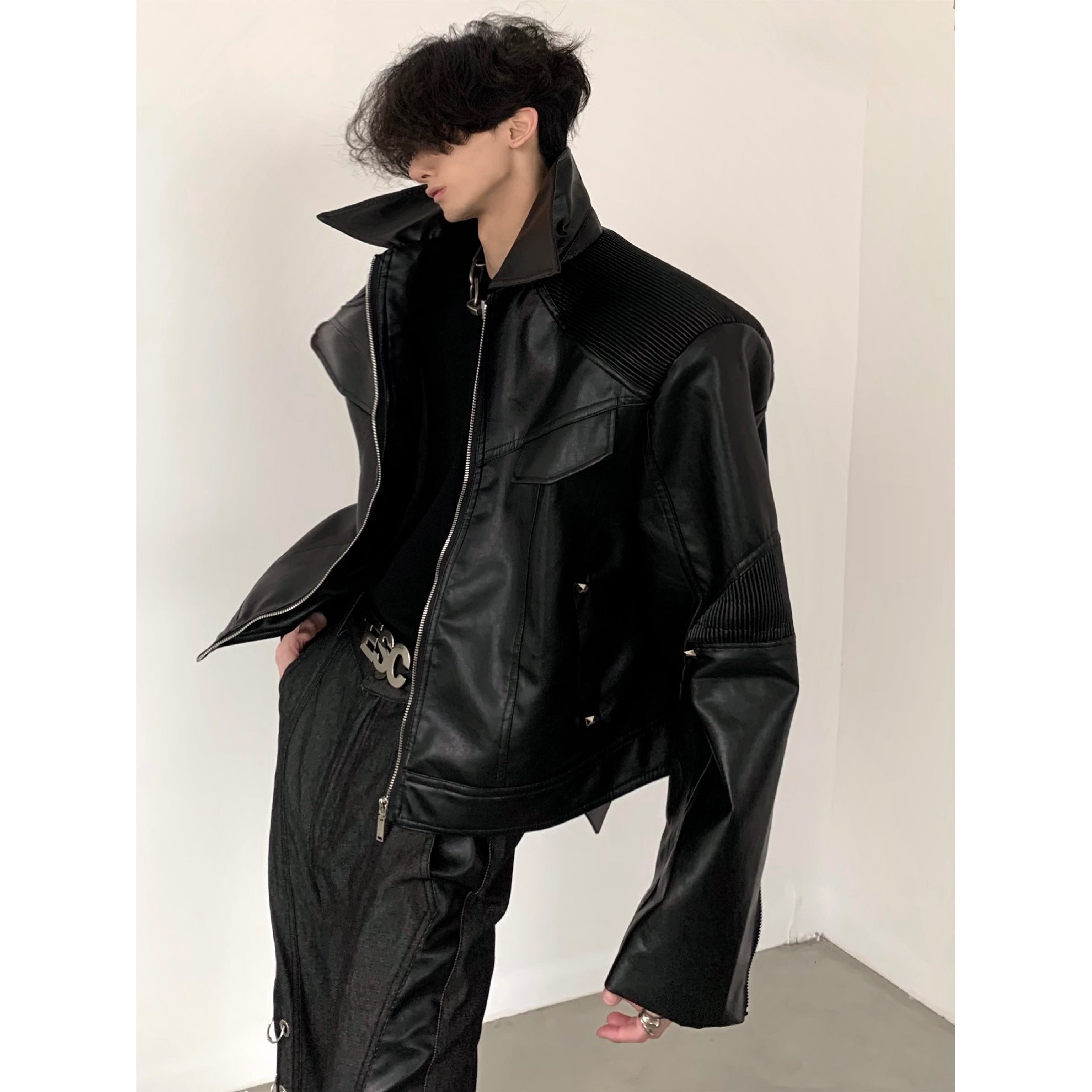 【24s March.】Deconstructed Black Leather Jacket-IYAMIUIO