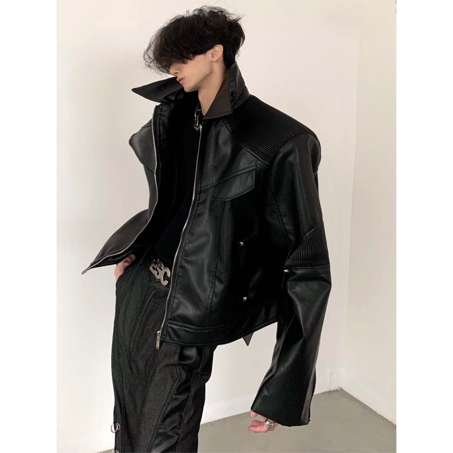 【24s March.】Deconstructed Black Leather Jacket-IYAMIUIO