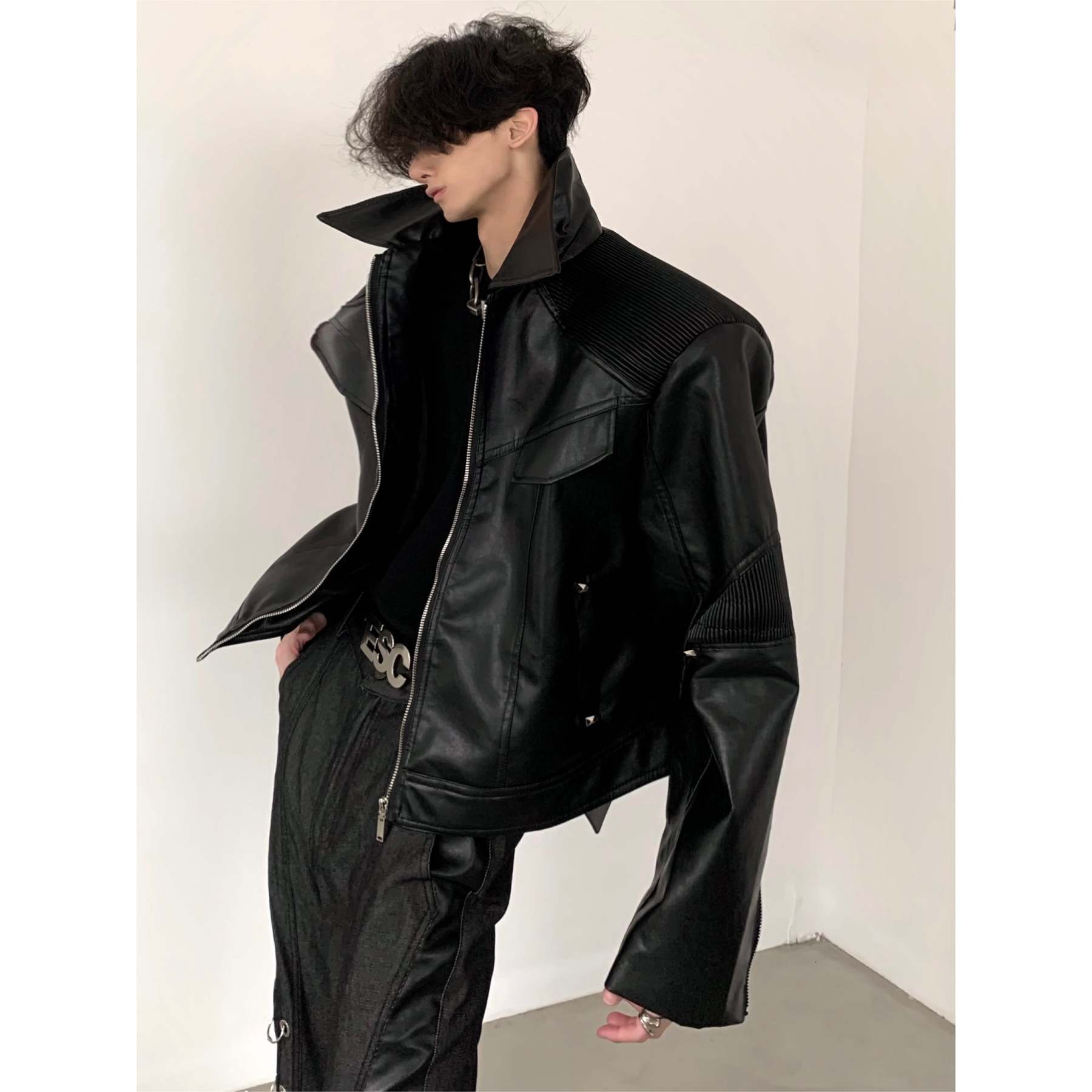 【24s March.】Deconstructed Black Leather Jacket-IYAMIUIO
