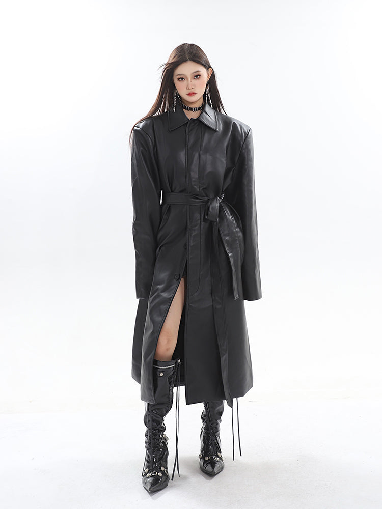 【23s October.】Long PU Leather Windbreaker Jacket-IYAMIUIO