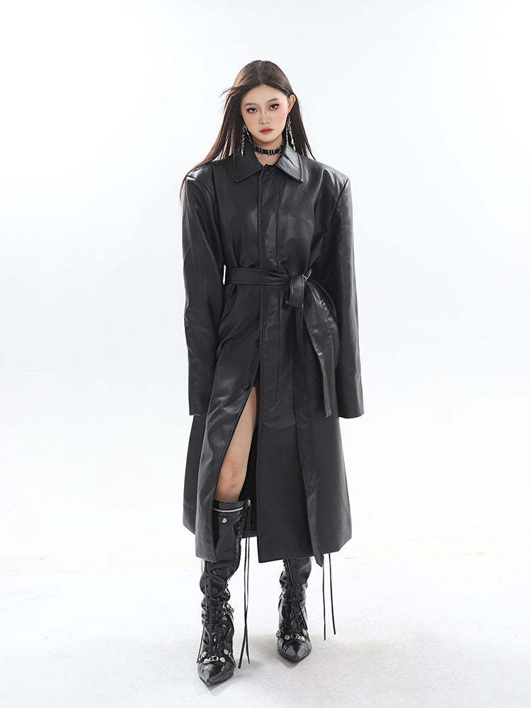 【23s October.】Long PU Leather Windbreaker Jacket-IYAMIUIO