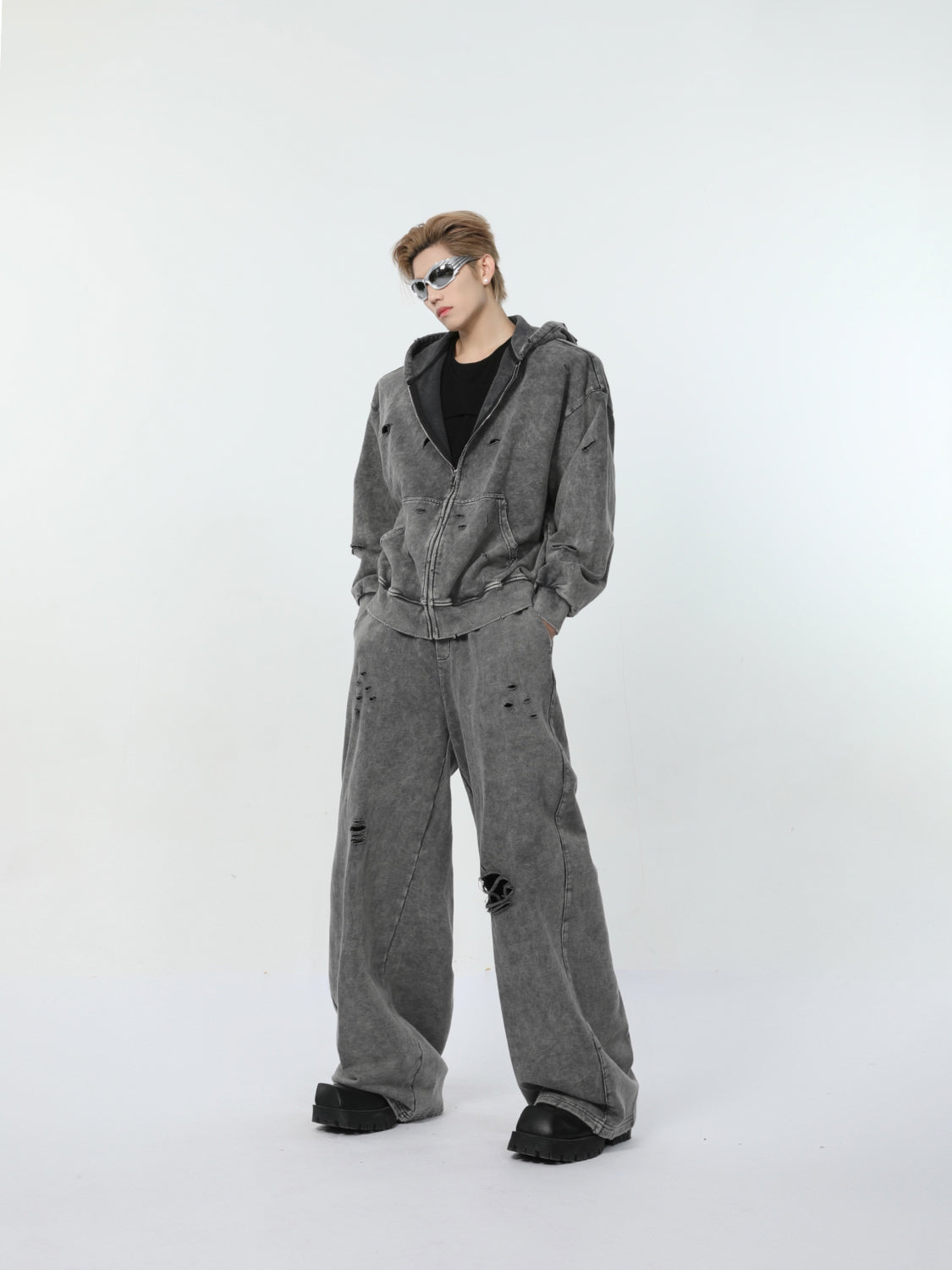 【24s March.】Destroyed Washed Distressed Hooded Cardigan Baggy Pants Suit-IYAMIUIO