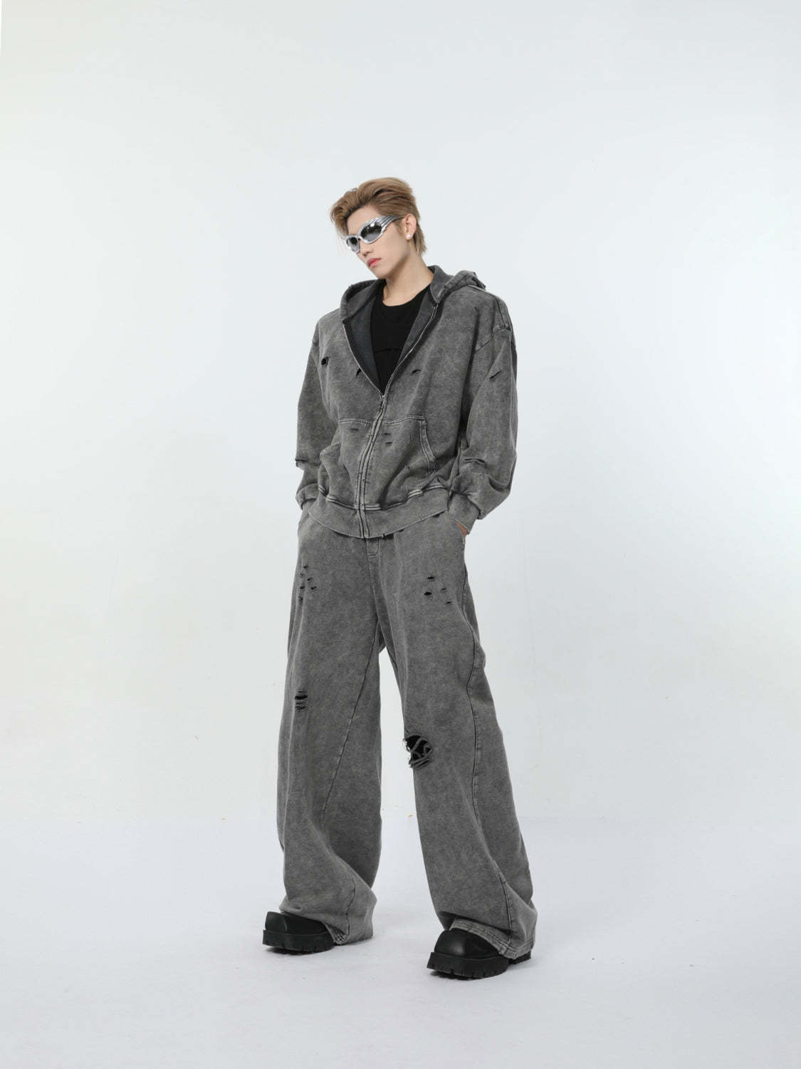 【24s March.】Destroyed Washed Distressed Hooded Cardigan Baggy Pants Suit-IYAMIUIO