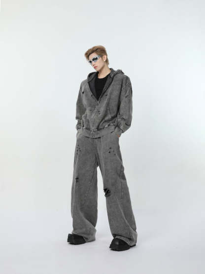 【24s March.】Destroyed Washed Distressed Hooded Cardigan Baggy Pants Suit-IYAMIUIO