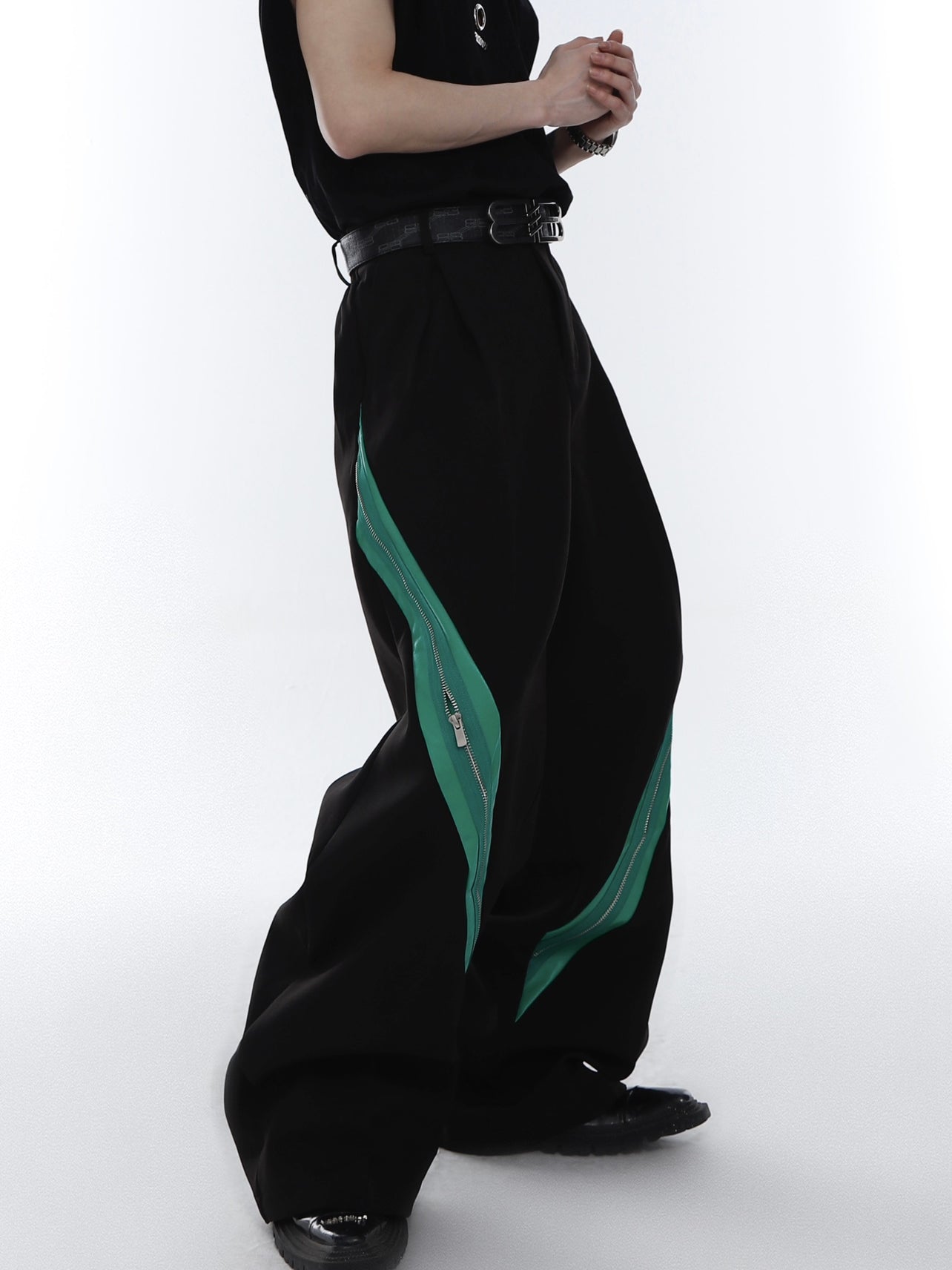 Zipper Contrast Color Stitching Trousers-IYAMIUIO