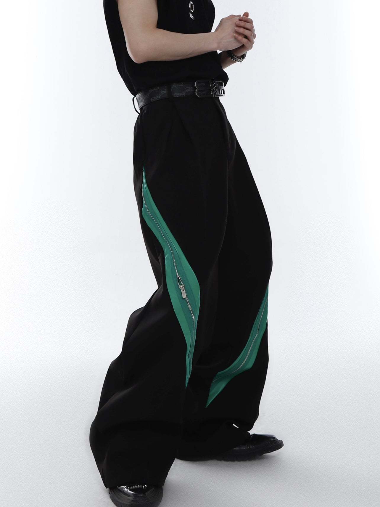 Zipper Contrast Color Stitching Trousers-IYAMIUIO