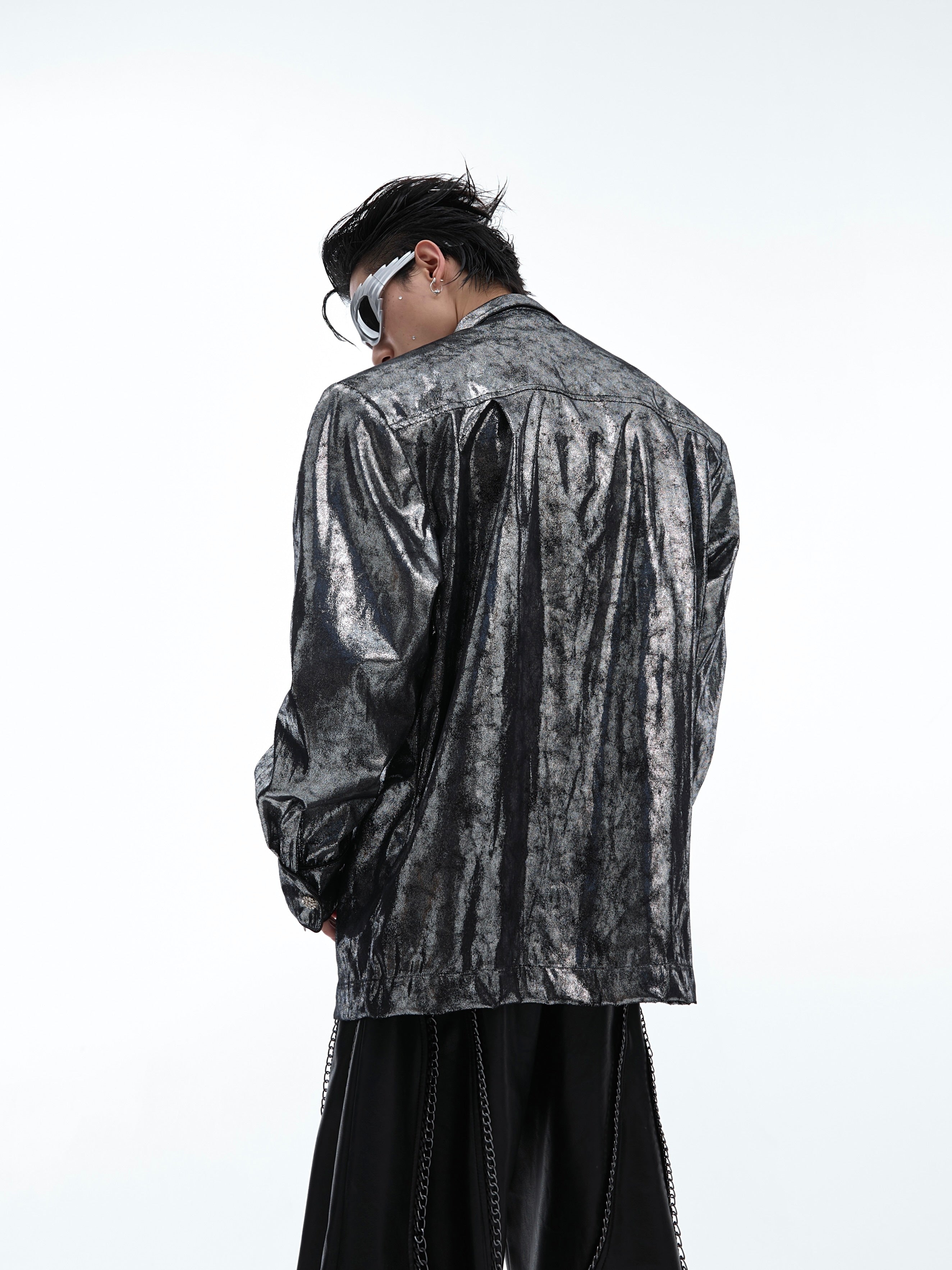 【24s Aug.】Liquid Silver Texture Metal Logo Embellished Shirt-IYAMIUIO