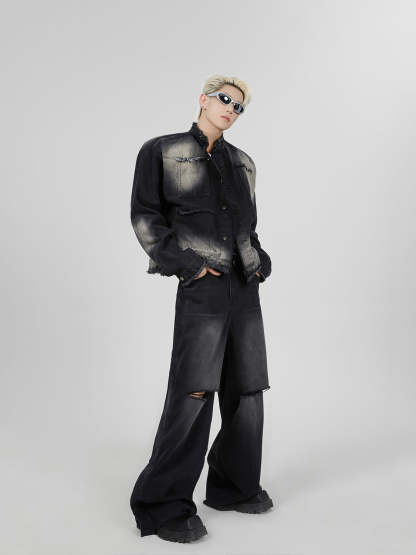 【23s November.】Distressed Brushed Stand Collar Denim Jacket-IYAMIUIO