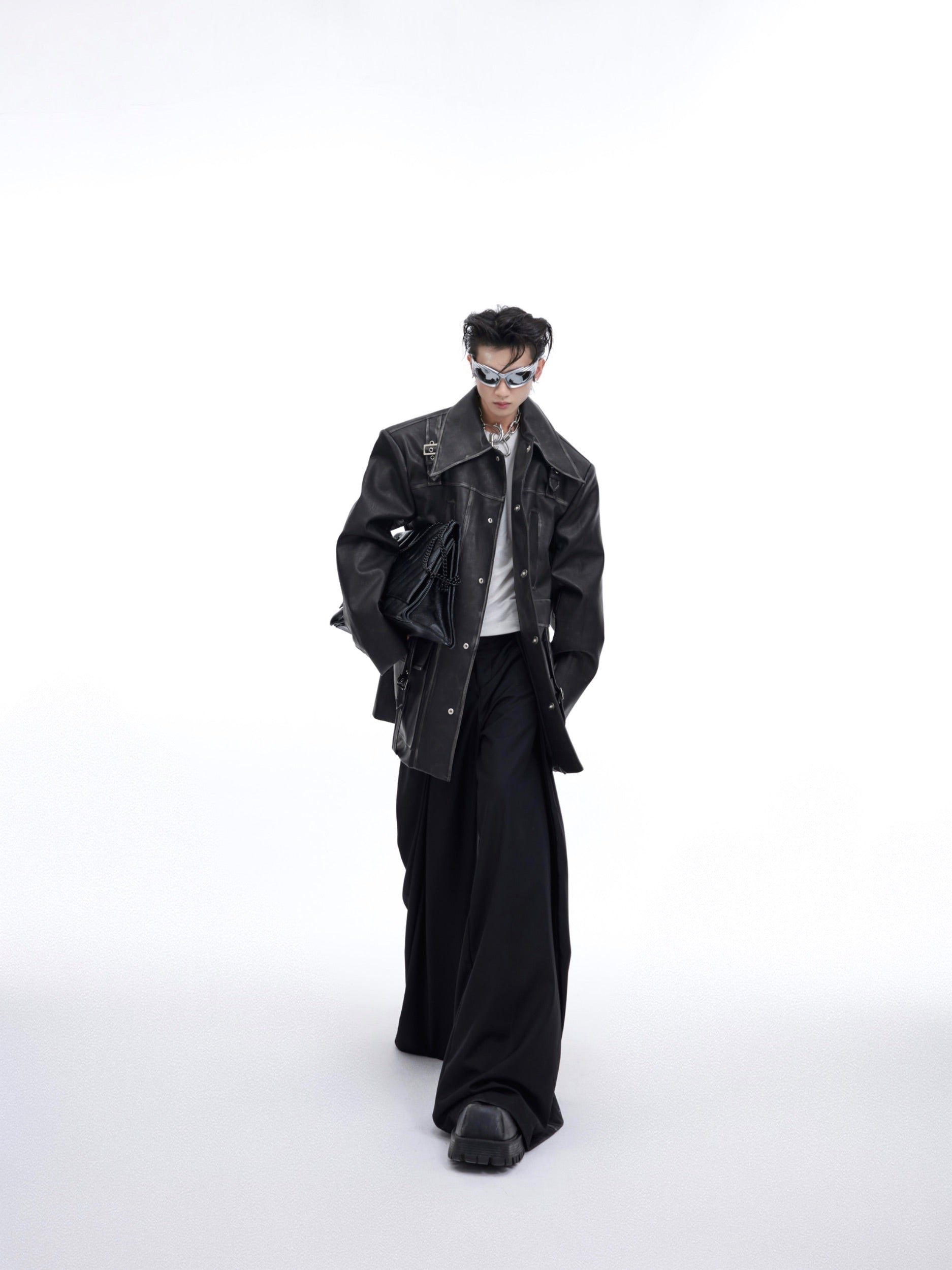 【24s March.】Vintage Aged Silhouette Bone Line Design Leather Jacket-IYAMIUIO