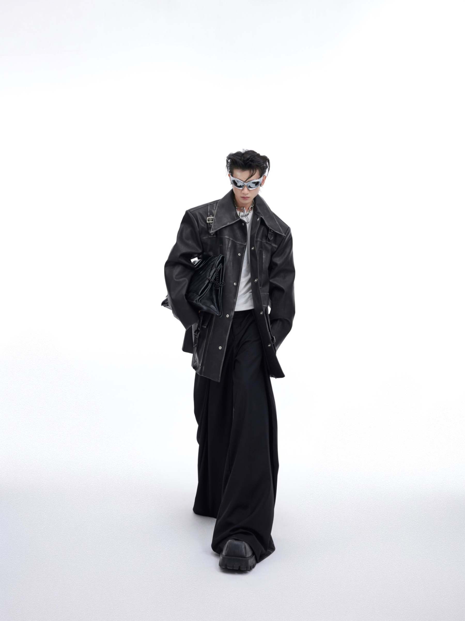 【24s March.】Vintage Aged Silhouette Bone Line Design Leather Jacket-IYAMIUIO