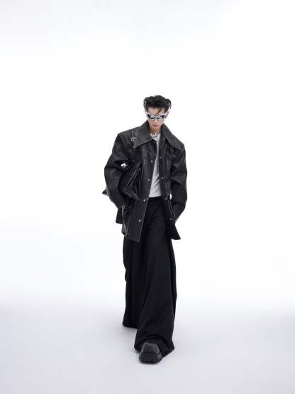 【24s March.】Vintage Aged Silhouette Bone Line Design Leather Jacket-IYAMIUIO