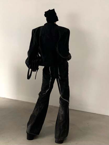 【24s March.】Retro Two-tone Shoulder Padded Denim Jacket-IYAMIUIO