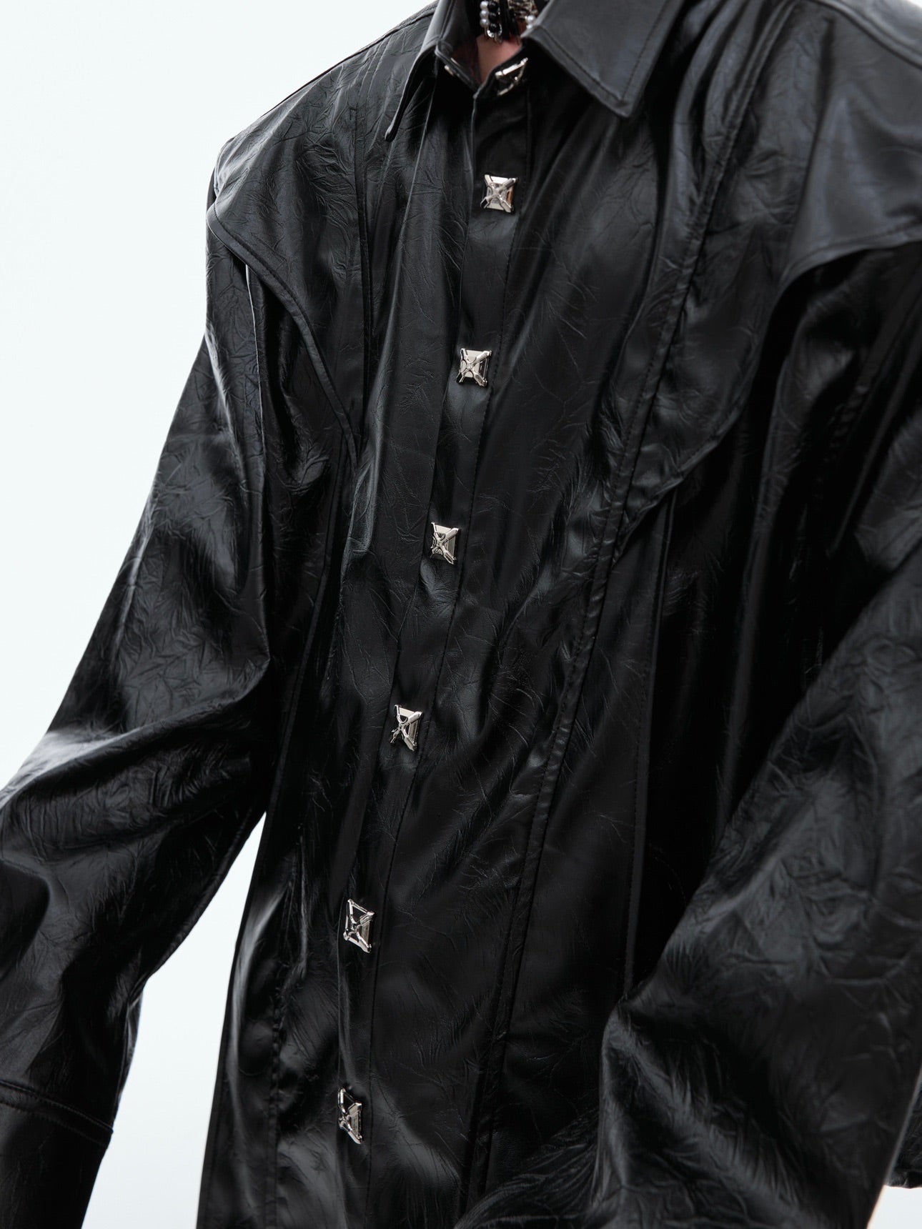 【24s Oct.】Deconstructed Metal Button Long Sleeve Leather Shirt-IYAMIUIO