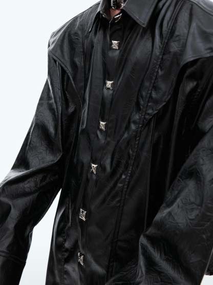 【24s Oct.】Deconstructed Metal Button Long Sleeve Leather Shirt-IYAMIUIO