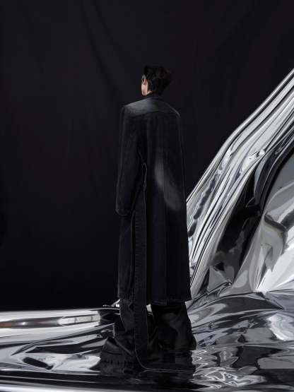 【23s November.】Distressed Washed Silhouette Long Denim Jacket-IYAMIUIO