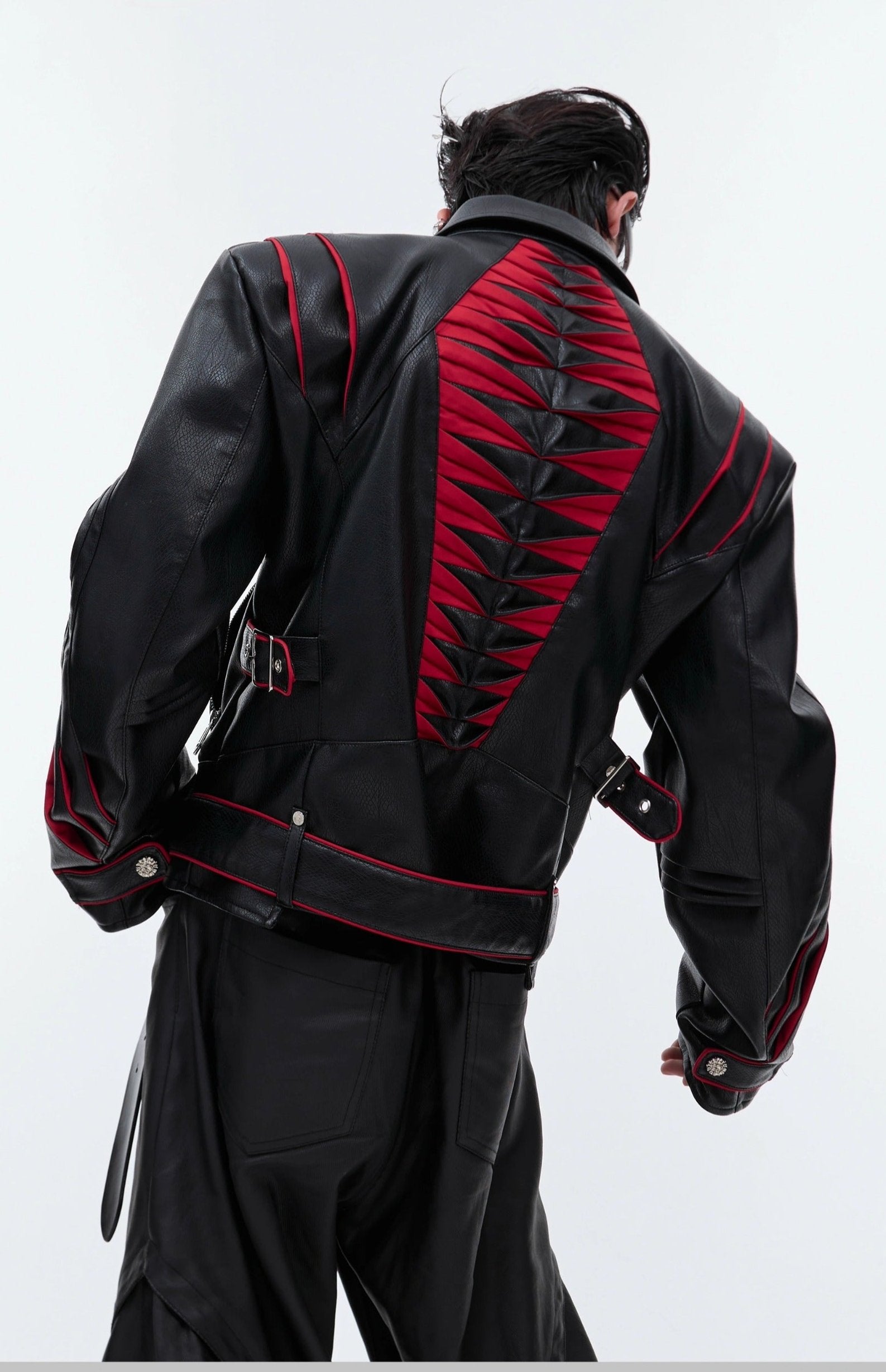 【24s Sep.】Pleated Spine Graphic Cropped Leather Biker Jacket-IYAMIUIO