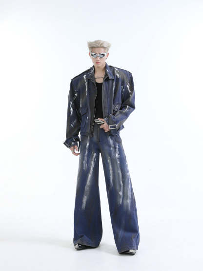 【24s Aug.】Distressed Dirty Dyed Painted Jacket Jeans Shorts Suit-IYAMIUIO