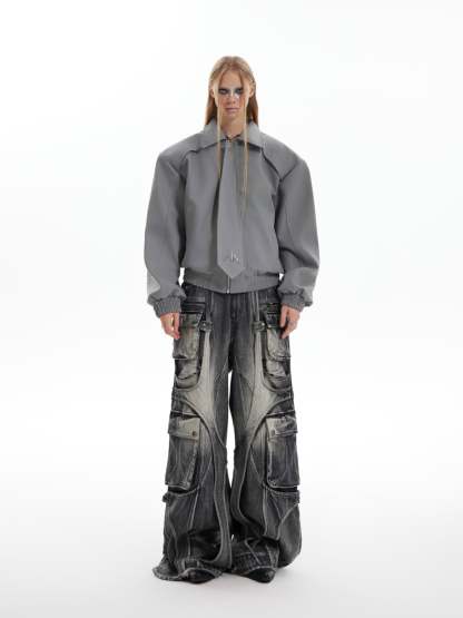 【24s Oct.】Pleated Tightening Shoulder Pads Design Sense Biker Jacket-IYAMIUIO