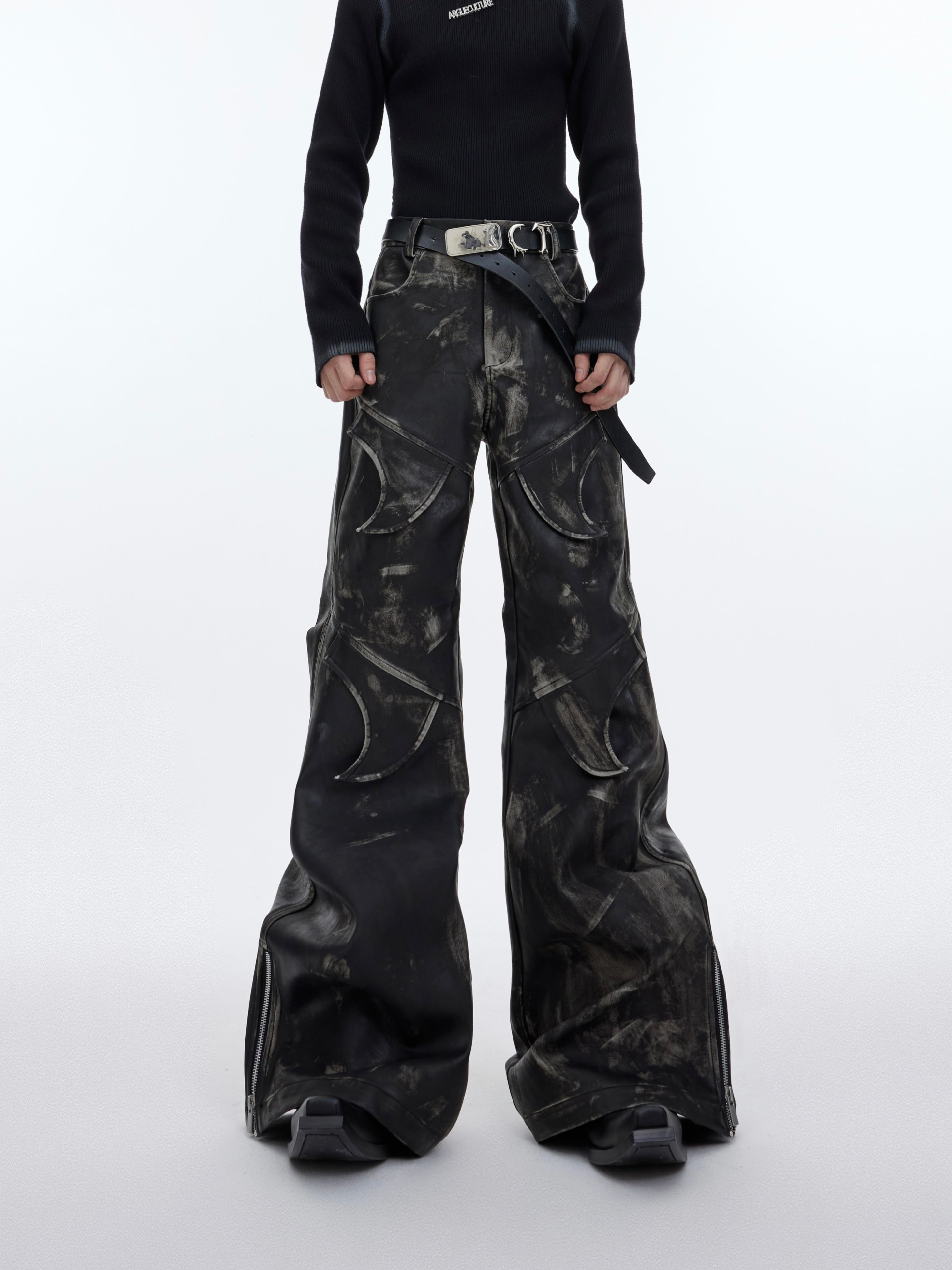 【23s November.】Distressed Faded Leather Trousers-IYAMIUIO