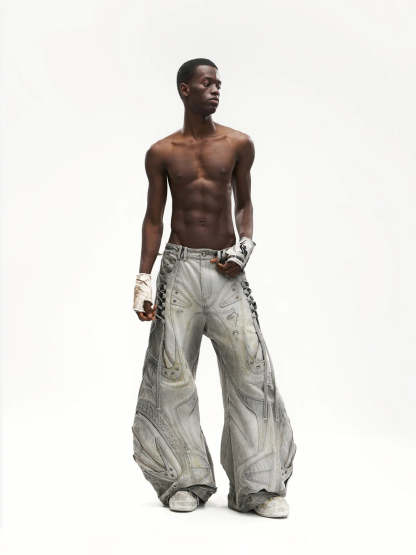 Deconstructed Exaggerated Flared Patchwork Jeans-IYAMIUIO