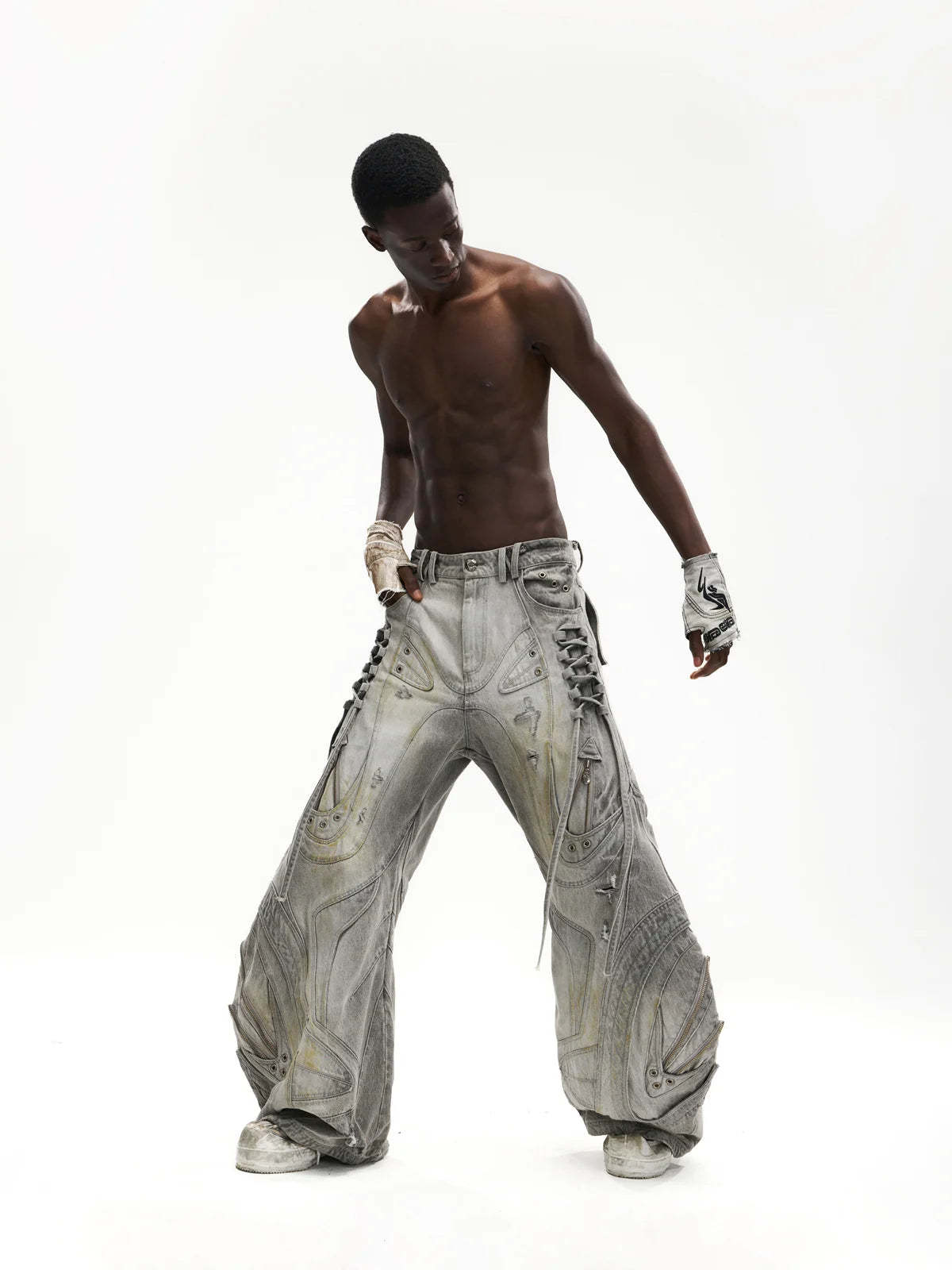 Deconstructed Exaggerated Flared Patchwork Jeans-IYAMIUIO