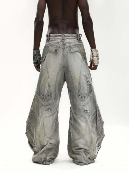 Deconstructed Exaggerated Flared Patchwork Jeans-IYAMIUIO