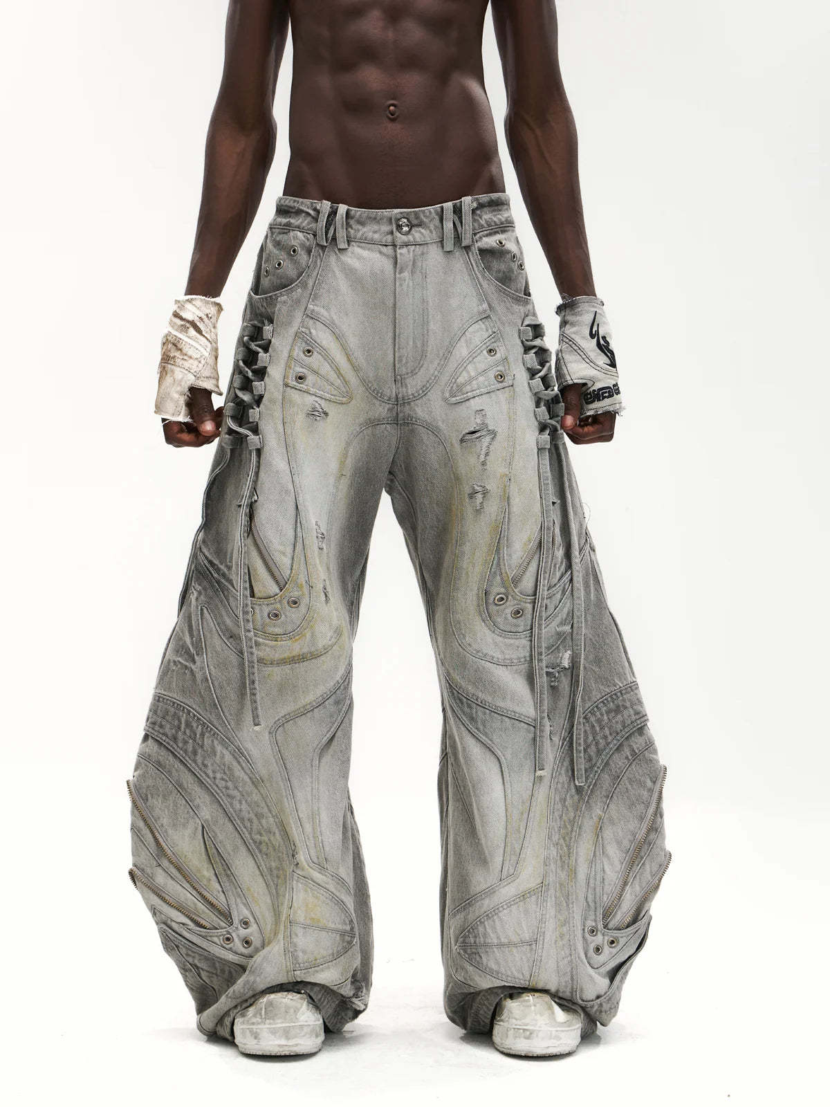 Deconstructed Exaggerated Flared Patchwork Jeans-IYAMIUIO