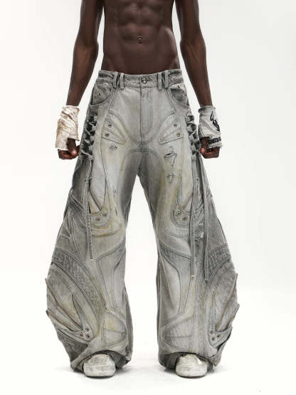 Deconstructed Exaggerated Flared Patchwork Jeans-IYAMIUIO