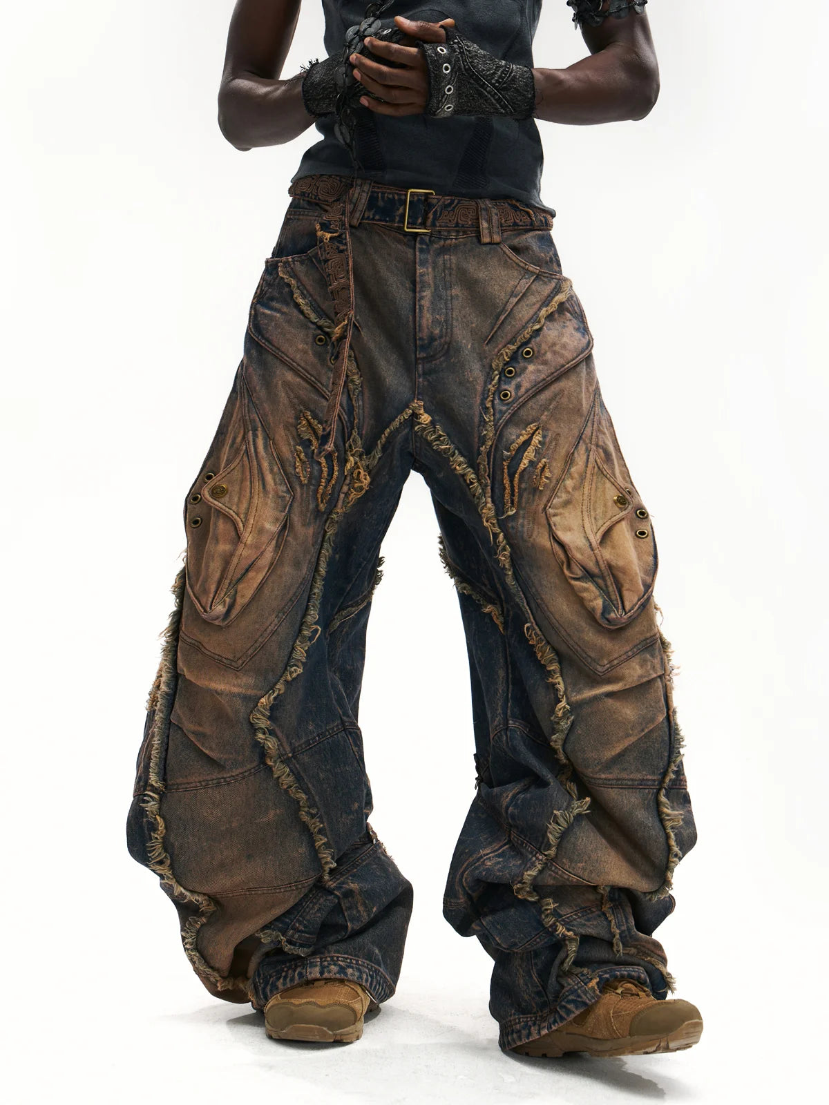 Vintage Wash Curved Leg Patchwork Jeans with Customizable Hem & Embroidery-IYAMIUIO