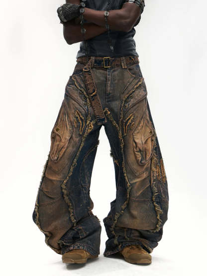 Vintage Wash Curved Leg Patchwork Jeans with Customizable Hem & Embroidery-IYAMIUIO