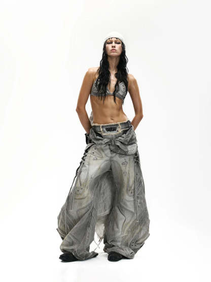 Deconstructed Exaggerated Flared Patchwork Jeans-IYAMIUIO