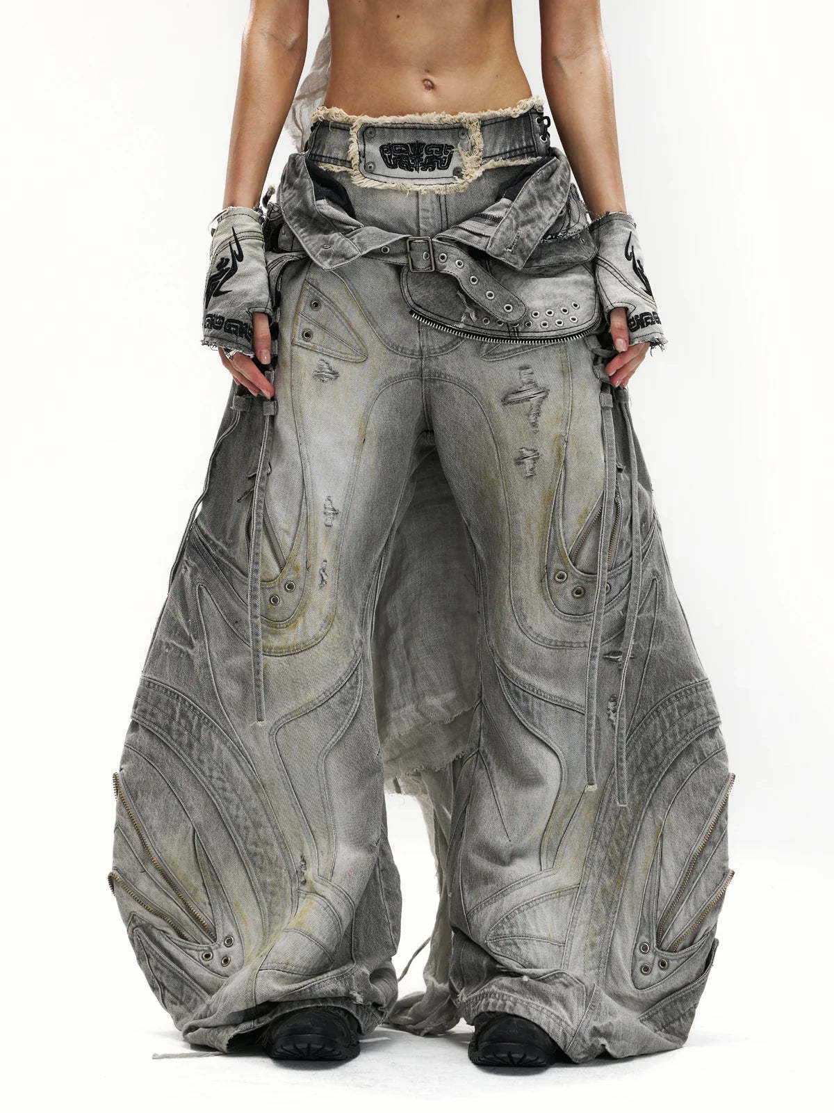 Deconstructed Exaggerated Flared Patchwork Jeans-IYAMIUIO