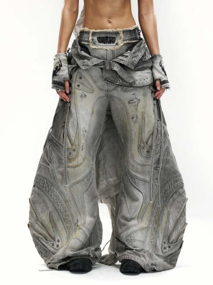 Deconstructed Exaggerated Flared Patchwork Jeans-IYAMIUIO