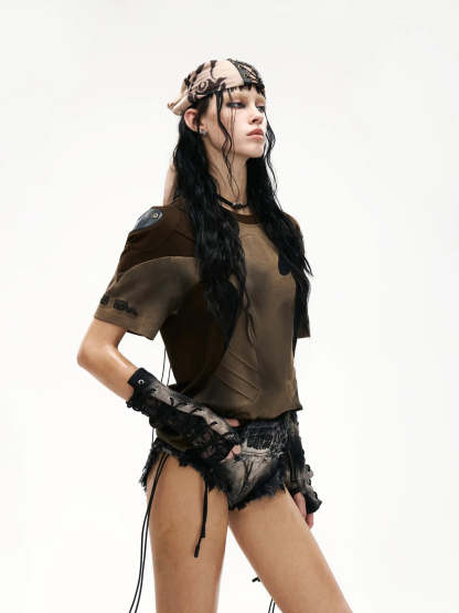 Spliced Cooling Slim T-Shirt with Embroidered Shoulder Details-IYAMIUIO