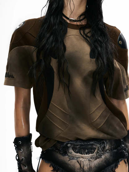 Spliced Cooling Slim T-Shirt with Embroidered Shoulder Details-IYAMIUIO