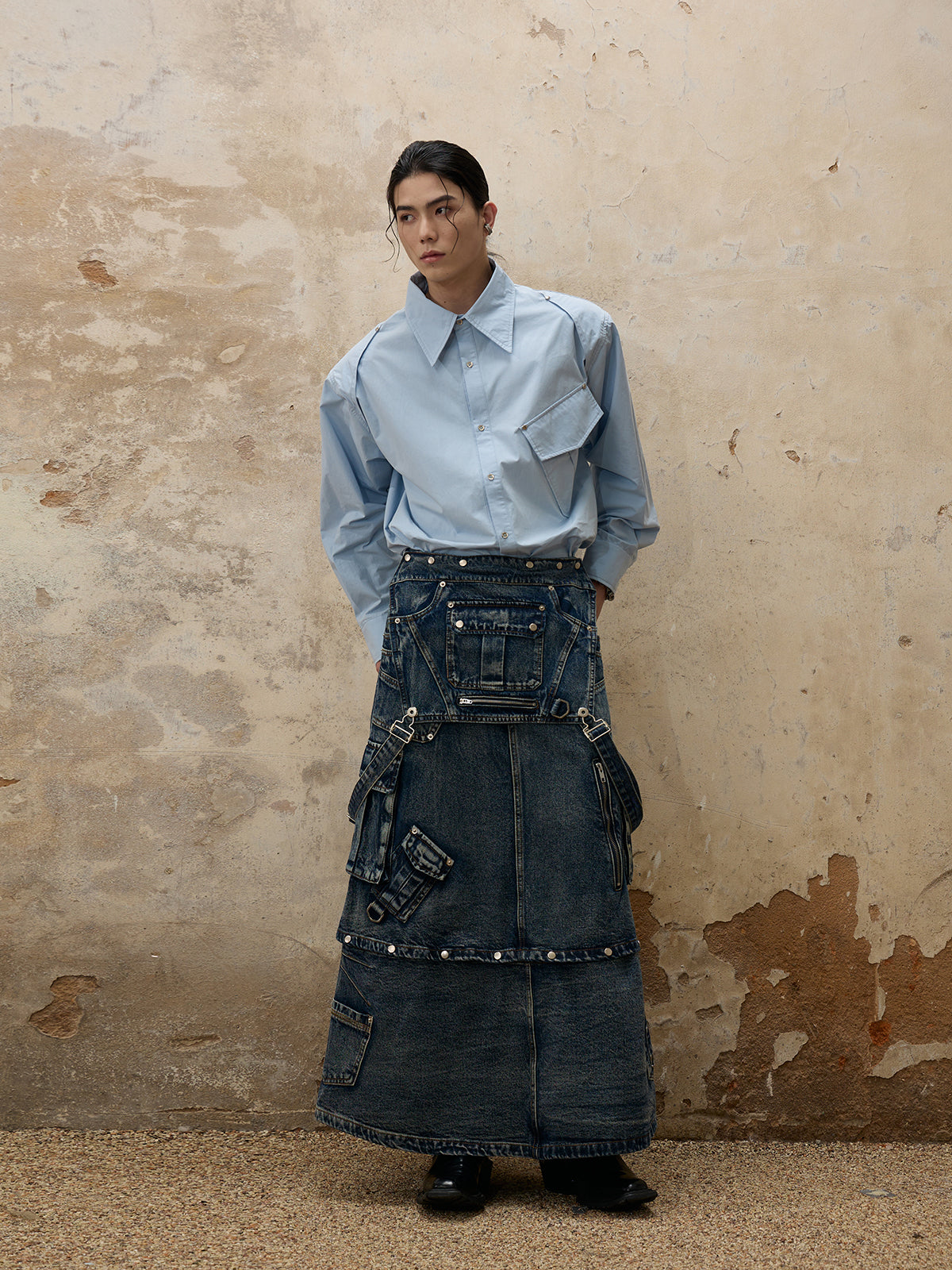 Personsoul Maxi Denim Dungarees Skirt-IYAMIUIO