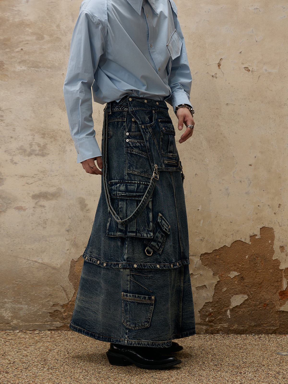 Personsoul Maxi Denim Dungarees Skirt-IYAMIUIO