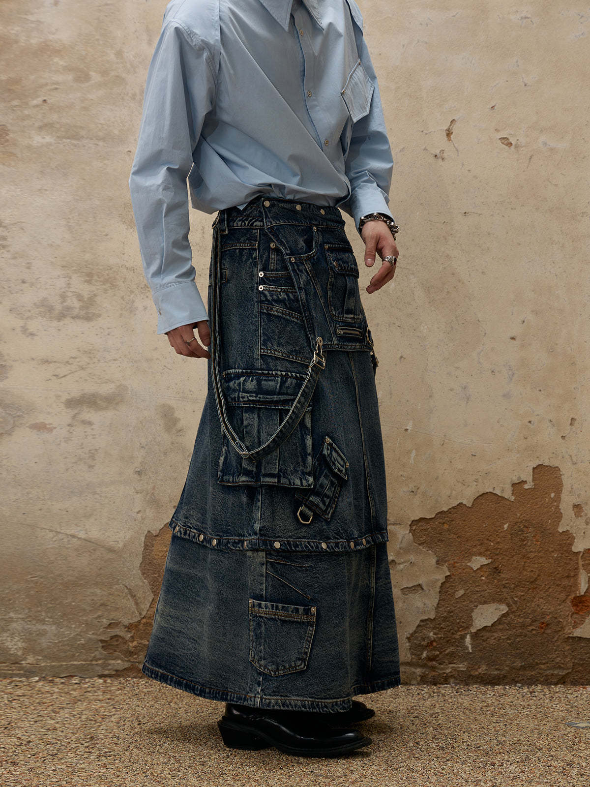 Personsoul Maxi Denim Dungarees Skirt-IYAMIUIO