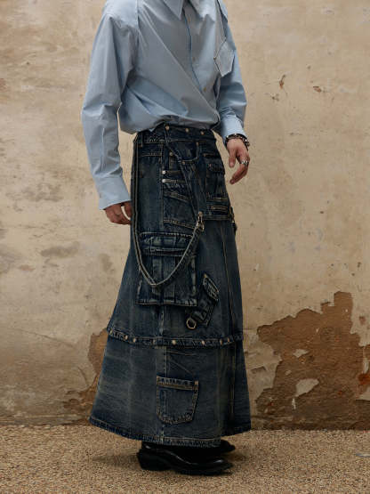 Personsoul Maxi Denim Dungarees Skirt-IYAMIUIO