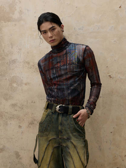 Personsoul Vague Mesh Skin Highneck Top-IYAMIUIO