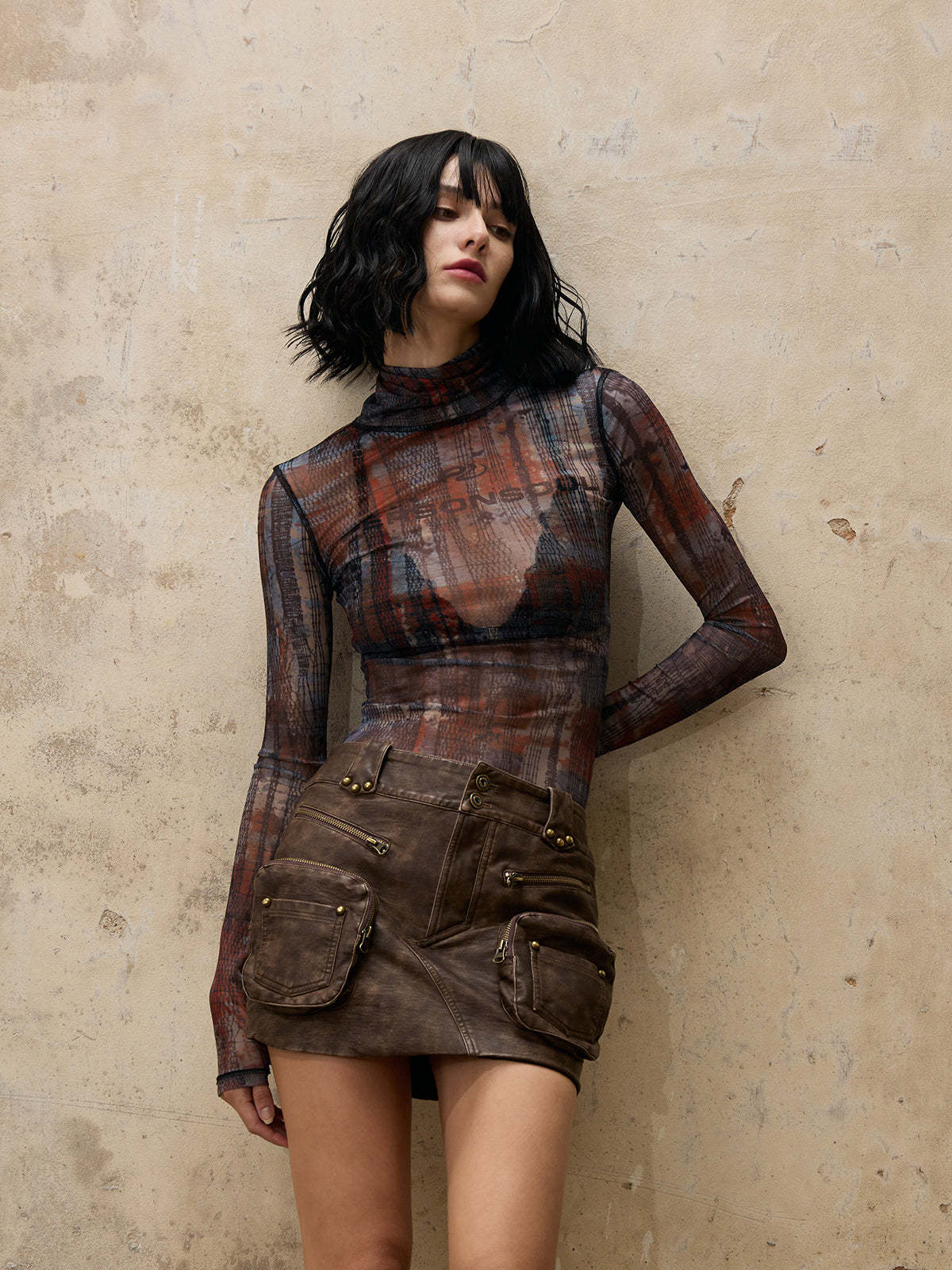 Personsoul Vague Mesh Skin Highneck Top-IYAMIUIO