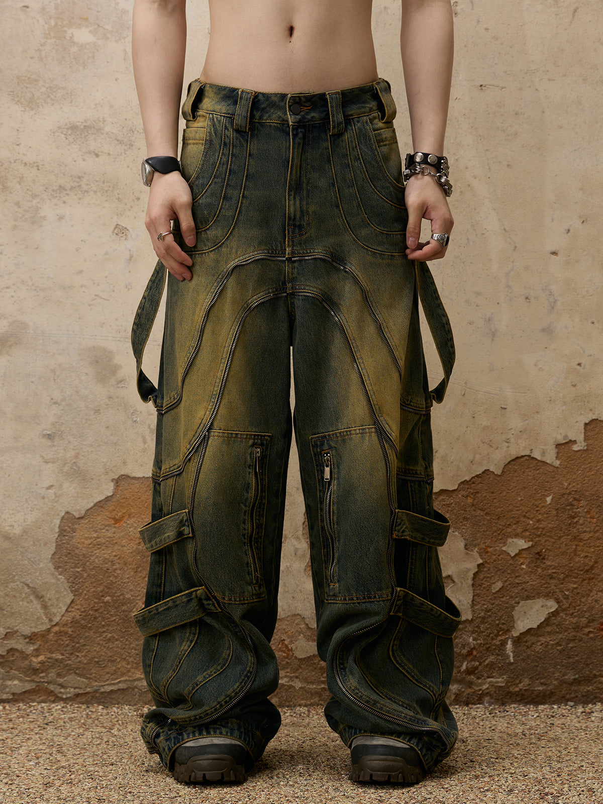 Personsoul Flower Fade Wash Denim Jeans-IYAMIUIO