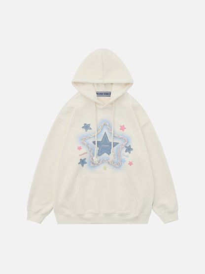 Aelfric Eden Denim Star Applique Embroidery Hoodie-IYAMIUIO