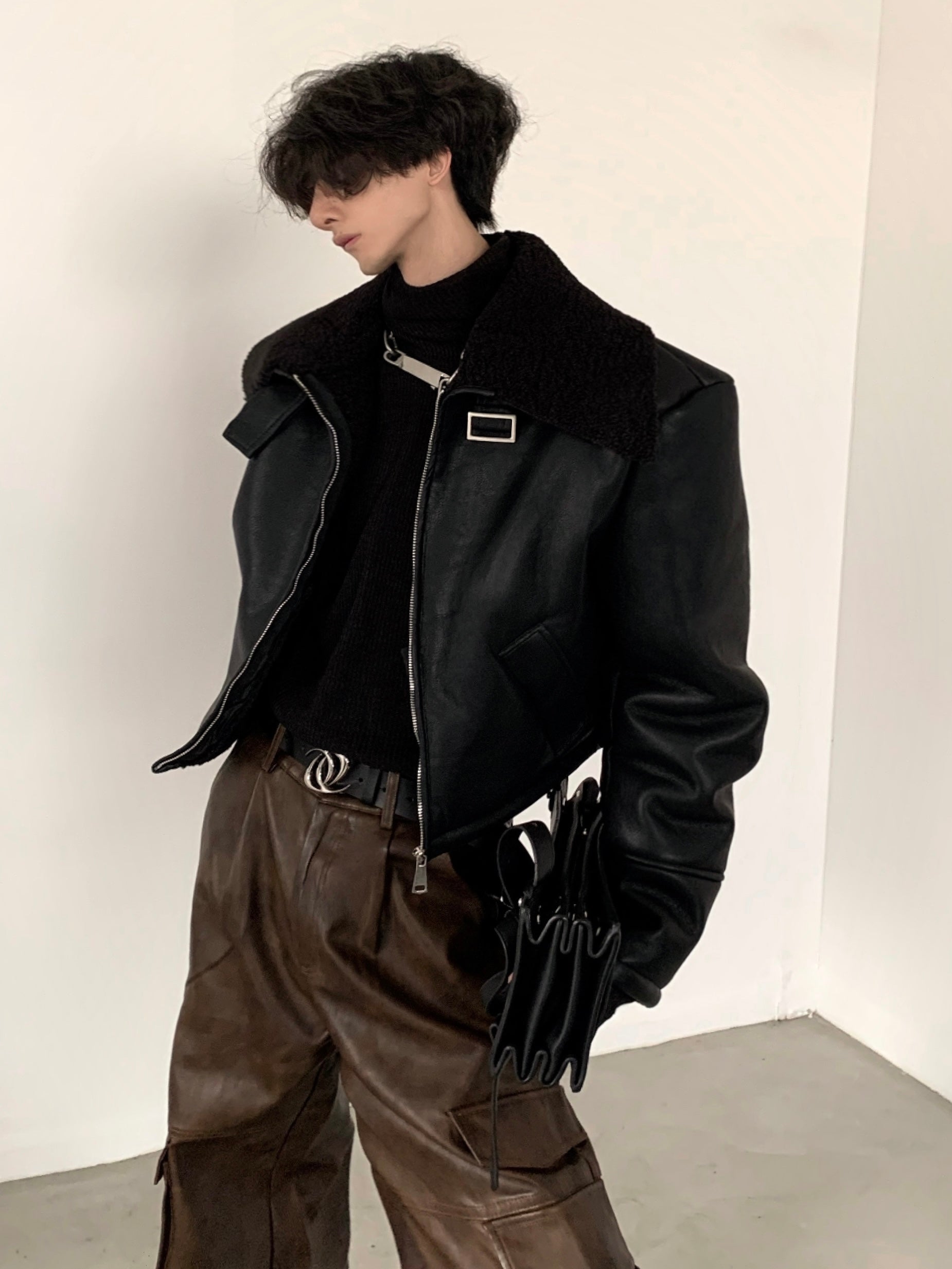 【23s November.】Short Silhouette Black Fur All-in-one Jacket-IYAMIUIO